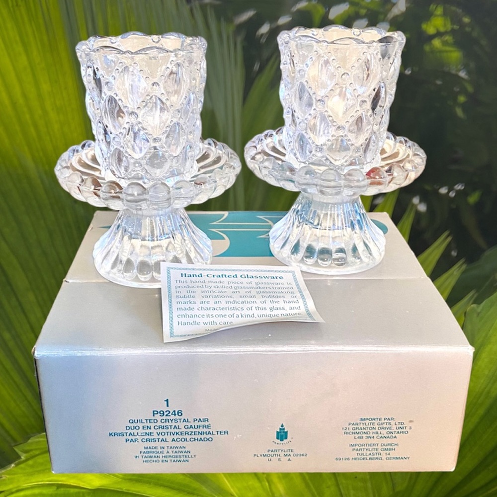 PARTY LITE LIKE NEW QUILTED CRYSTAL PAIR VOTIVE HOLDER CANDLE STICK BALL